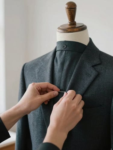 Macro shot of hands pinning a high-end charcoal wool suit jacket on a wooden mannequin, soft natural daylight, minimalist atelier background, 35mm editorial photography