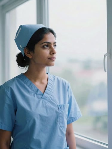 An Indian nurse in clean, modern German hospital scrubs, looking thoughtfully through a bright window, soft overcast daylight, cool clinical tones, 35mm.