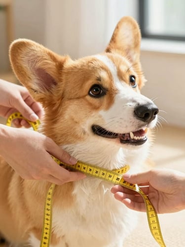 A cozy indoor scene of hands gently measuring a fluffy corgi with a soft yellow measuring tape, bright natural daylight, warm editorial style.