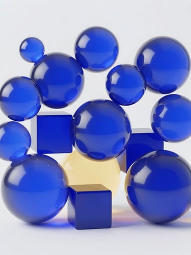 3d render of abstract geometric glassmorphism spheres and cubes reflecting royal blue and gold light, soft colorful ambient backglow, clean minimalist white background, studio light