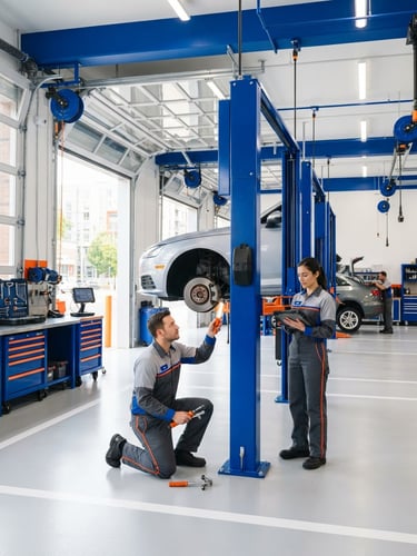 A clean, bright modern drive-through service bay with royal blue accents, high-key daylight, professional automotive setting