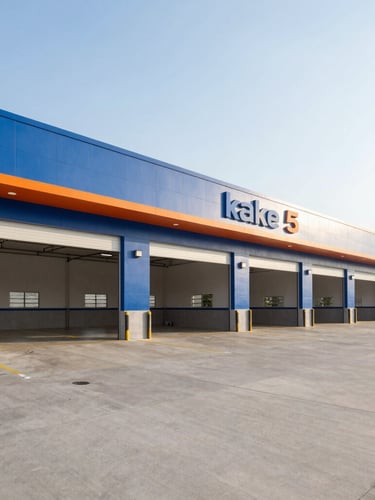 Wide-angle exterior shot of the clean, modern Take 5 service bays in Kuna during a bright afternoon, featuring bold blue and orange architectural accents and clear signage.