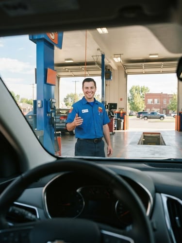 Eye-level view from inside a car looking out at a bright, clean Take 5 drive-through service bay in Kuna, a smiling technician in a clean royal blue uniform greeting the driver under warm daylight.