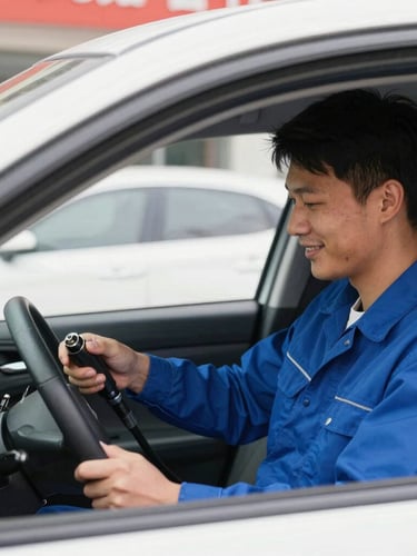 Eye-level view from inside a car looking out at a smiling technician in a clean blue uniform checking an oil dipstick under bright daylight