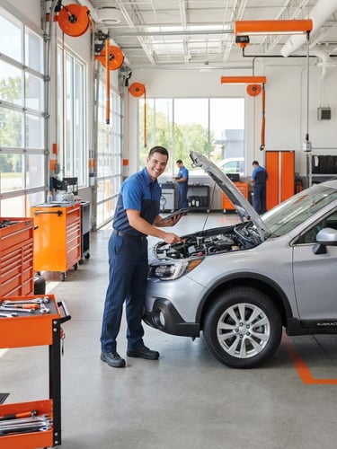 Bright, high-key commercial photo of a clean, modern drive-through service bay with a smiling technician in a blue uniform, natural daylight, vibrant orange accents