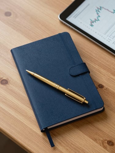 Overhead flatlay of a clean wooden desk with a premium notebook, gold pen, and a tablet displaying financial charts, soft morning light, editorial style