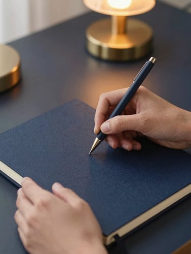 Hands writing in a high-quality textured paper notebook on an elegant dark navy desk, warm desk lamp lighting, close-up, editorial photography