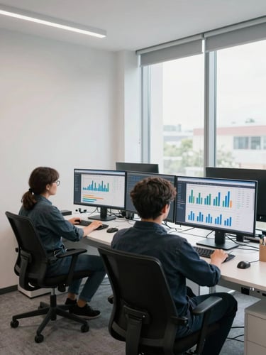 Wide-angle view from the left edge of an open-plan office, two people seated at desks reviewing large monitor screens displaying campaign performance dashboards with bar charts and CPA metrics, bright natural window light from the right side, clinical and sharp, no eye contact with camera, environmental work scene