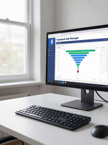 Wide environmental shot of a desk workspace, a monitor to the right third of frame showing a Facebook Ads Manager audience breakdown chart with funnel metrics, bright natural window light from the left, clean white desk surface, no people in frame