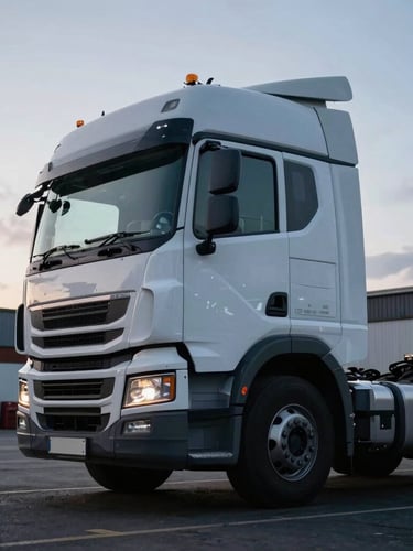 Low-angle powerful shot of a clean Class 1 HGV cab parked in a London distribution yard at dawn, cool overcast light, industrial precision framing.