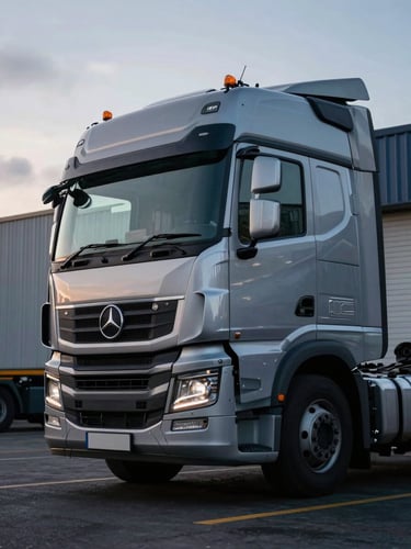 Low-angle shot of a clean modern HGV cab parked in an early-morning overcast UK logistics depot, sharp metallic details, cool twilight lighting.