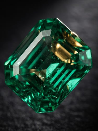Macro shot of a high-clarity emerald gemstone with sharp facets, dramatic spotlighting, deep charcoal background, 100mm lens, gold reflections