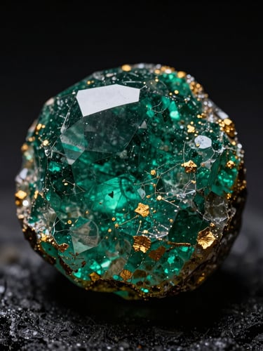 Extreme macro close-up of a vibrant unheated emerald showing internal inclusions and crystal habit, high-contrast directional spotlighting, dark matrix rock background, 100mm lens