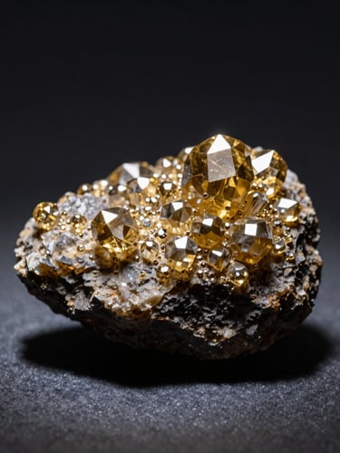 Macro shot of a raw mineral specimen with sharp crystal formations resting on dark matrix rock, high-contrast spotlighting, deep shadows, dark charcoal background, 100mm lens