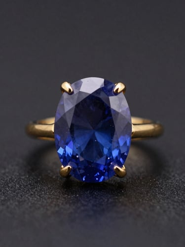 Eye-level portrait of a bespoke gold ring featuring a large, untreated sapphire, dramatic side-lighting highlighting metalwork and gemstone facets, deep charcoal background, 100mm lens