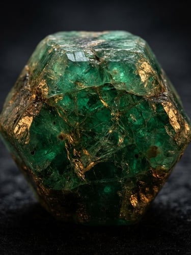 Macro shot of a raw, unpolished emerald crystal showing natural inclusions, dramatic spotlighting, deep charcoal background, sharp crystal facets, 100mm lens.