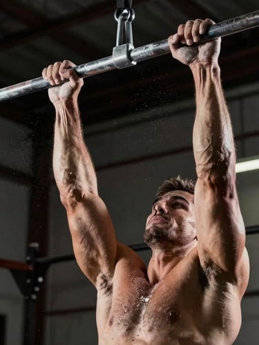 Dynamic tight crop of hands gripping a pull-up bar, chalk dust in the air, dramatic high-contrast side lighting highlighting muscle definition, industrial athletic facility background.