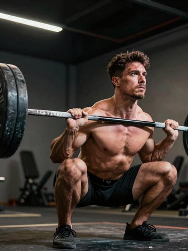 Dynamic low-angle shot of a strength athlete executing a heavy deadlift with perfect form, hands gripping the knurled steel bar, intense focus, high-contrast directional lighting emphasizing muscle definition, dark athletic background.