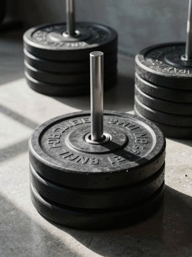 Low-angle dynamic shot of a modern strength training area, matte black weight plates stacked neatly, sharp directional lighting casting deep shadows on knurled steel bars, clean concrete floor.