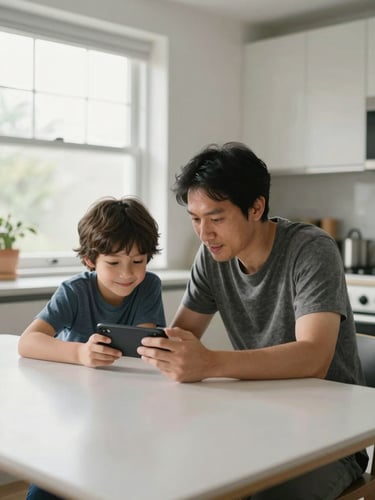 Wide shot of a parent and child sitting side by side at a kitchen table, looking at a phone screen together, relaxed and focused, natural morning light from a window, no posing or forced smiles