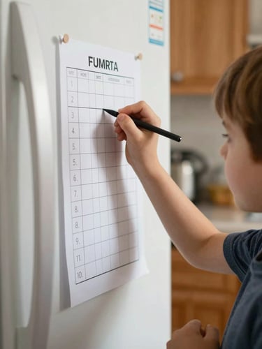 Medium close-up of a child's hands writing on a chore chart on a refrigerator, warm indoor daylight, slightly out-of-focus kitchen background, candid and unposed