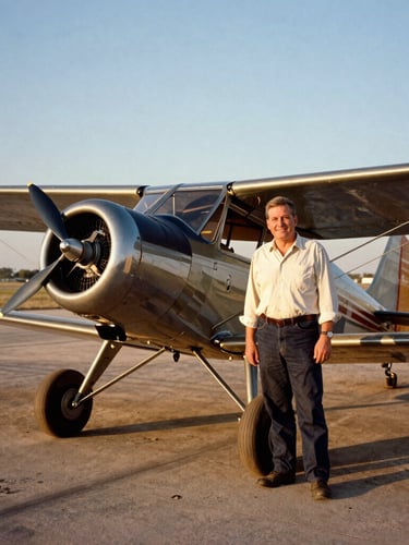 Archival warm 35mm film photograph of co-builder Paul Lasen, smiling beside a classic Bonanza aircraft on a sunny Texas runway, rich metallic tones