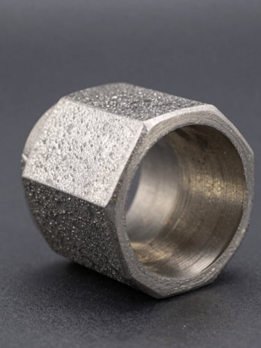 Sharp industrial product photography of a cutaway pipe elbow showing internal hexagonal ceramic lining, high-contrast metallic textures, clean dark slate background, macro depth of field