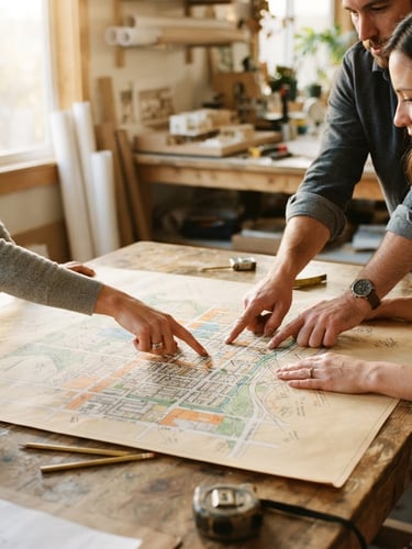 Hands pointing at a physical neighborhood planning map on a wooden table, natural late-afternoon sun, warm editorial photography, 35mm film look