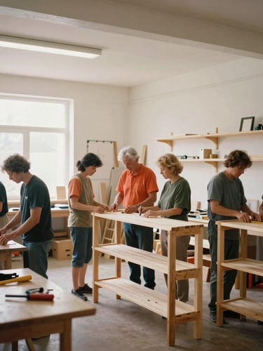 Medium-wide environmental shot of community members of different generations working together to assemble wooden shelves in a bright, natural-light workshop, tools on tables, 35mm film look.