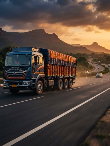Modern multi-axle cargo truck on a well-maintained Indian highway, high-contrast natural daylight, low angle, sharp focus, deep navy and orange tones.