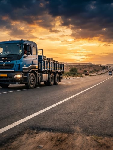 Powerful low-angle shot of a heavy multi-axle truck driving on a well-maintained Indian national highway at golden hour, sharp focus, deep navy and orange tones, with expansive sky and road.