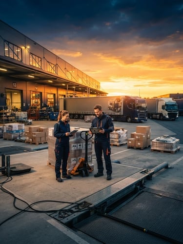 Wide panoramic of a modern, clean warehouse loading dock at golden hour, secured industrial cargo pallets being consolidated by logistics coordinators using digital dispatch screens, deep navy and orange tones, sharp focus.