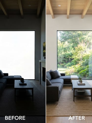 Wide-angle interior shot of a modern, bright living room with a perfectly exposed window showing a vibrant green garden outside, crisp architectural lines, balanced daylight. Before and after comparison.