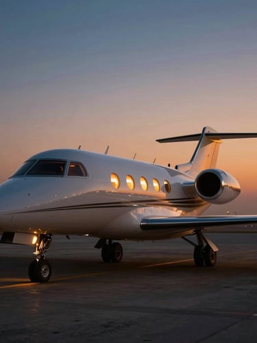 A private jet parked on a quiet tarmac in Riyadh at twilight, warm cabin lights glowing through the windows, sleek polished fuselage reflecting the deep blue and orange sky, cinematic 35mm photography