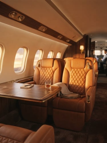 Wide environmental shot of a sleek private jet cabin interior at golden hour, warm leather seats, polished brass accents, soft window light, shallow depth of field, 35mm.