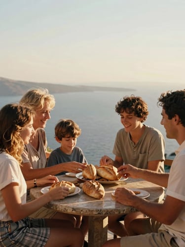 A family sharing fresh bread on a sun-drenched stone terrace overlooking the Aegean sea, golden-hour warmth, authentic laughter, cinematic composition.