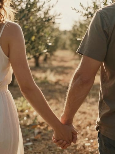 Candid close-up of a couple walking hand-in-hand through a sun-drenched Italian olive grove, warm backlight, soft focus, cinematic 35mm film.