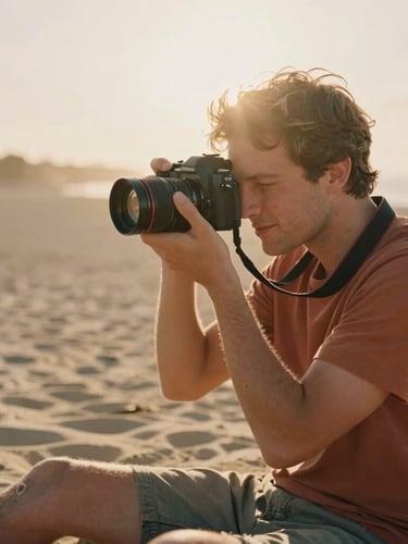Cinematic portrait of a photographer holding a camera, warm golden-hour sun flare, soft sand background, relaxed and candid, 35mm film.