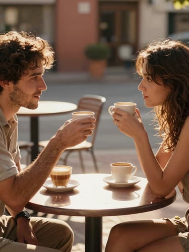 Candid medium shot of a couple sharing coffee on a sun-drenched outdoor dining table, warm backlighting, natural shadows, authentic interaction.
