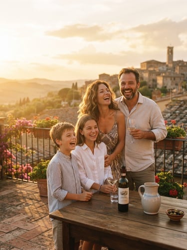 Candid medium shot of a family laughing on a sun-drenched terracotta terrace in Italy, warm golden-hour backlighting, soft natural sun flare, 35mm film style.