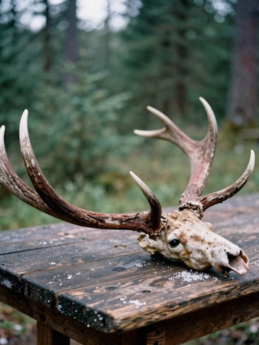 Close-up of weathered red deer antler and sea-salted coastal timber on a dark wooden workbench, soft overcast daylight, shallow depth of field