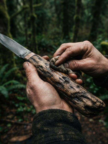 Macro shot of weathered hands oiling a textured beachcombed wood knife handle, soft moody natural light, overcast forest green background, 35mm film.