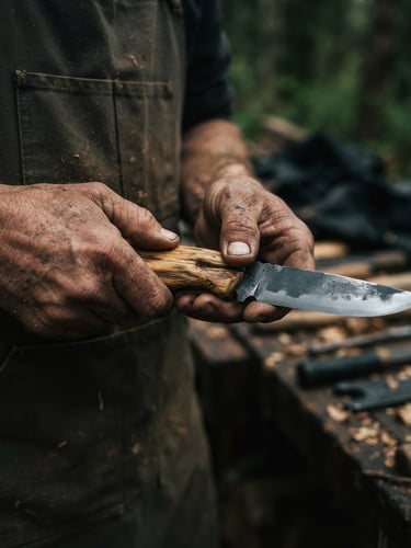 Macro shot of a craftsman's weathered hands fitting a piece of golden beachcombed wood to a steel knife tang, moody overcast natural daylight, shallow depth of field