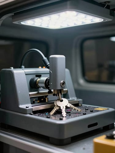 Close-up of a high-tech key cutting machine inside a mobile van, slicing a new metal key with bright LED work lights overhead.