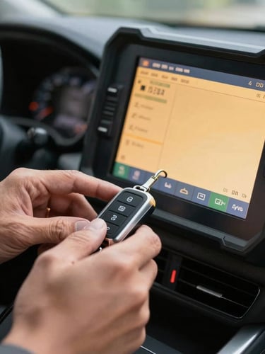 Close-up macro shot of a technician's hands programming a modern smart key fob inside a vehicle, illuminated by the glowing amber screen of a digital diagnostic tool.