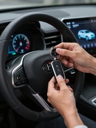 Hands programming a modern key fob against a steering wheel inside a car, digital programmer screen glowing with vehicle diagnostics, high-contrast night-time emergency lighting.