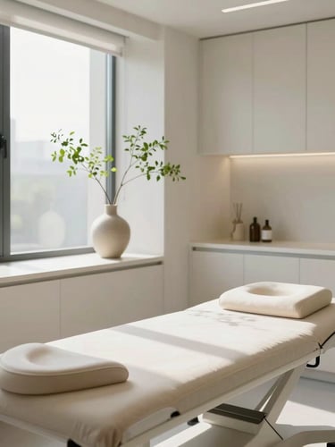 A bright, hyper-clean medical aesthetics treatment room with soft daylight streaming through a window, a neutral-toned treatment table, minimalist cabinetry, and a single green branch in a ceramic vase.