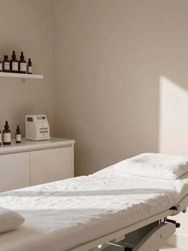 A bright, hyper-clean medical aesthetics treatment room with soft warm-taupe walls, a pristine clinical table, minimalist shelving with medical-grade serums, bathed in soft natural daylight.