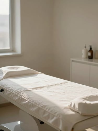 Close-up of a hyper-clean, serene medical aesthetics treatment room, warm natural daylight streaming onto an elegant treatment table, soft alabaster walls, minimalist styling