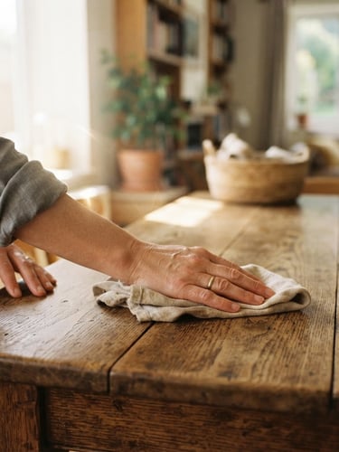 Close-up of hands carefully cleaning a wooden table with a soft cloth, warm natural daylight, gentle sun flares, cozy domestic interior, 35mm film aesthetic, focus on the hands.